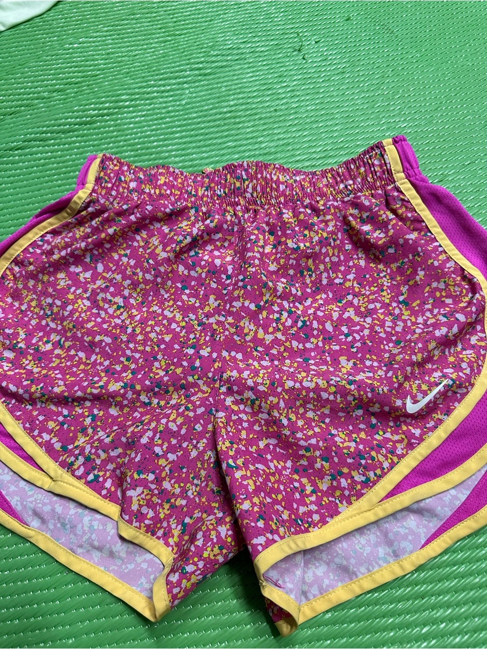 Nike Women's Pink Confetti Print Athletic Shorts with Yellow Trim